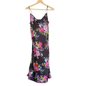 Sara Michelle Y2K Black Pink Multi Floral Cowl Drape Neck Midi Slip Dress size S